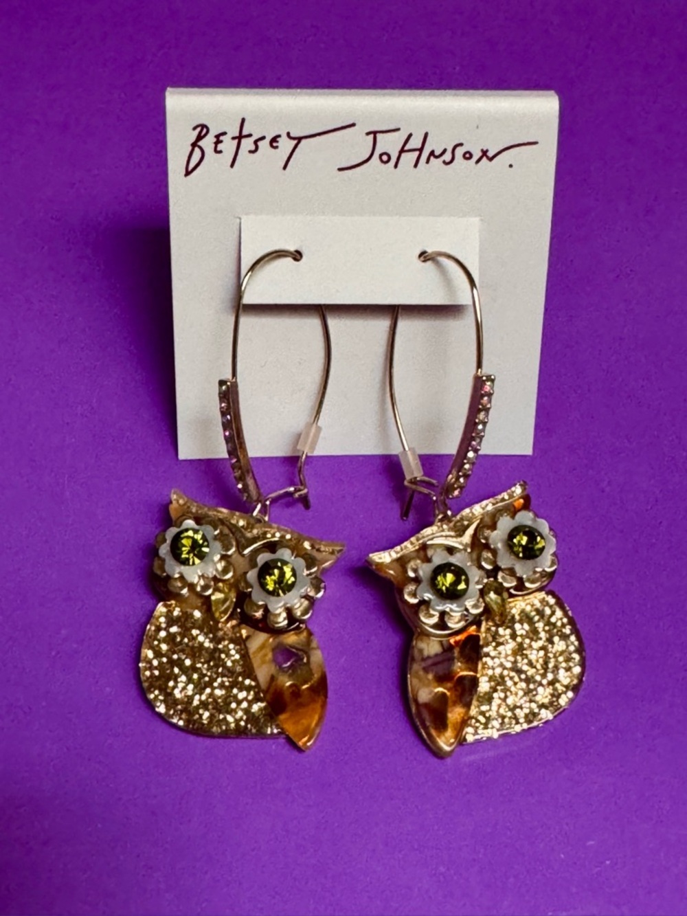 Betsey Johnson Crystal Owl Earrings Shepard Hook Spring Summer Fall Halloween